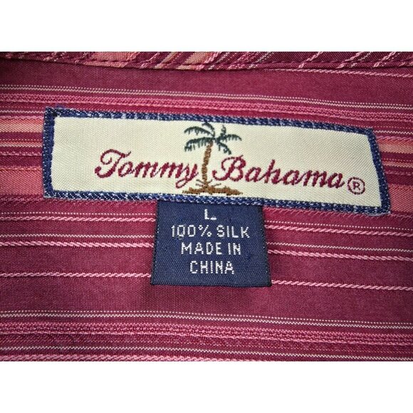 Tommy Bahama Size Large Mens Maroon Salmon Tan Stripe Logo Tag Silk L/S Shirt - Picture 4 of 10